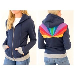 Aviator Nation Sunburst Rainbow Full Zip Navy Blue S • RARE!!